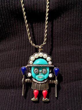 Kenneth Jay Lane Blue Medicine Man Tribal Pendant Necklace Aztec Warrior SIGNED